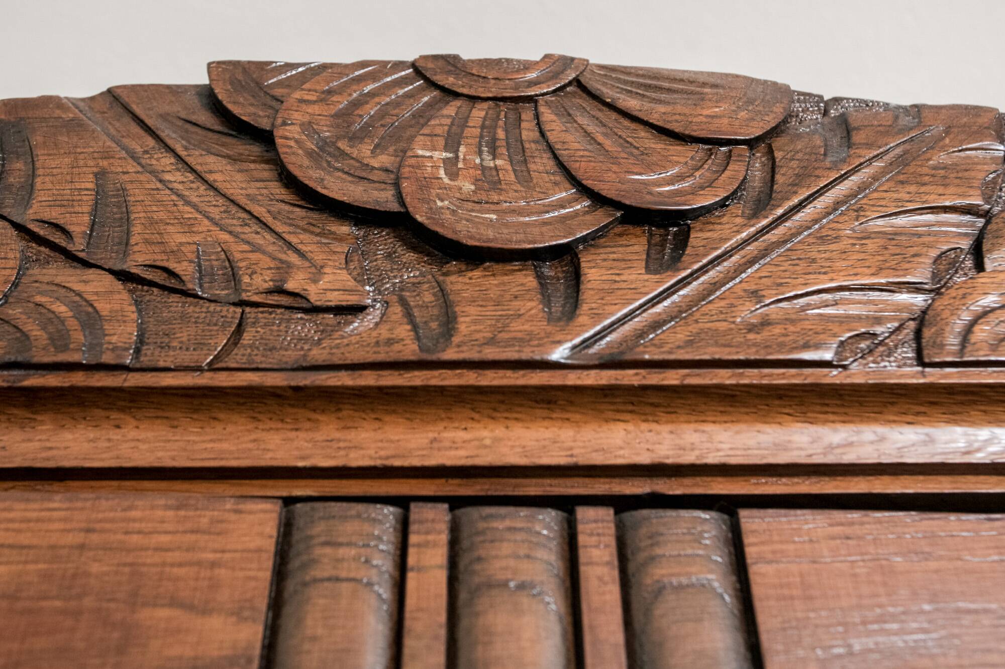Old solid wood wardrobe with three vintage mirror doors