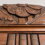 Old solid wood wardrobe with three vintage mirror doors