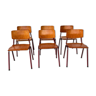 Set of 6 school chairs wood honey red steel, Netherlands, 70s