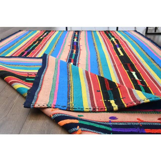 1970s Vintage Turkish Oushak Handmade Wool Cotton Blue Area Rug 155x233