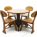 French Modern 3-Legged Chairs & Table in Solid Oak, 1970s