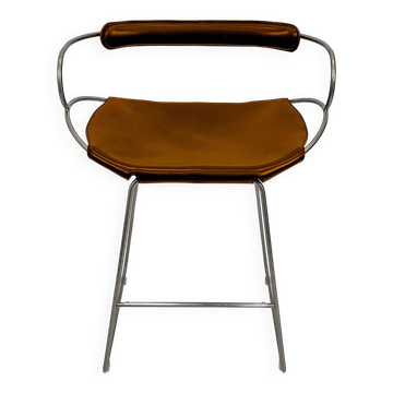 Kitchen bar stool with a back, aged silver metal and dark brown leather.