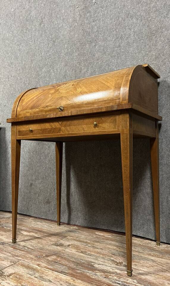 Louis XVI style cylinder desk in marquetry with floral decorations circa 1880