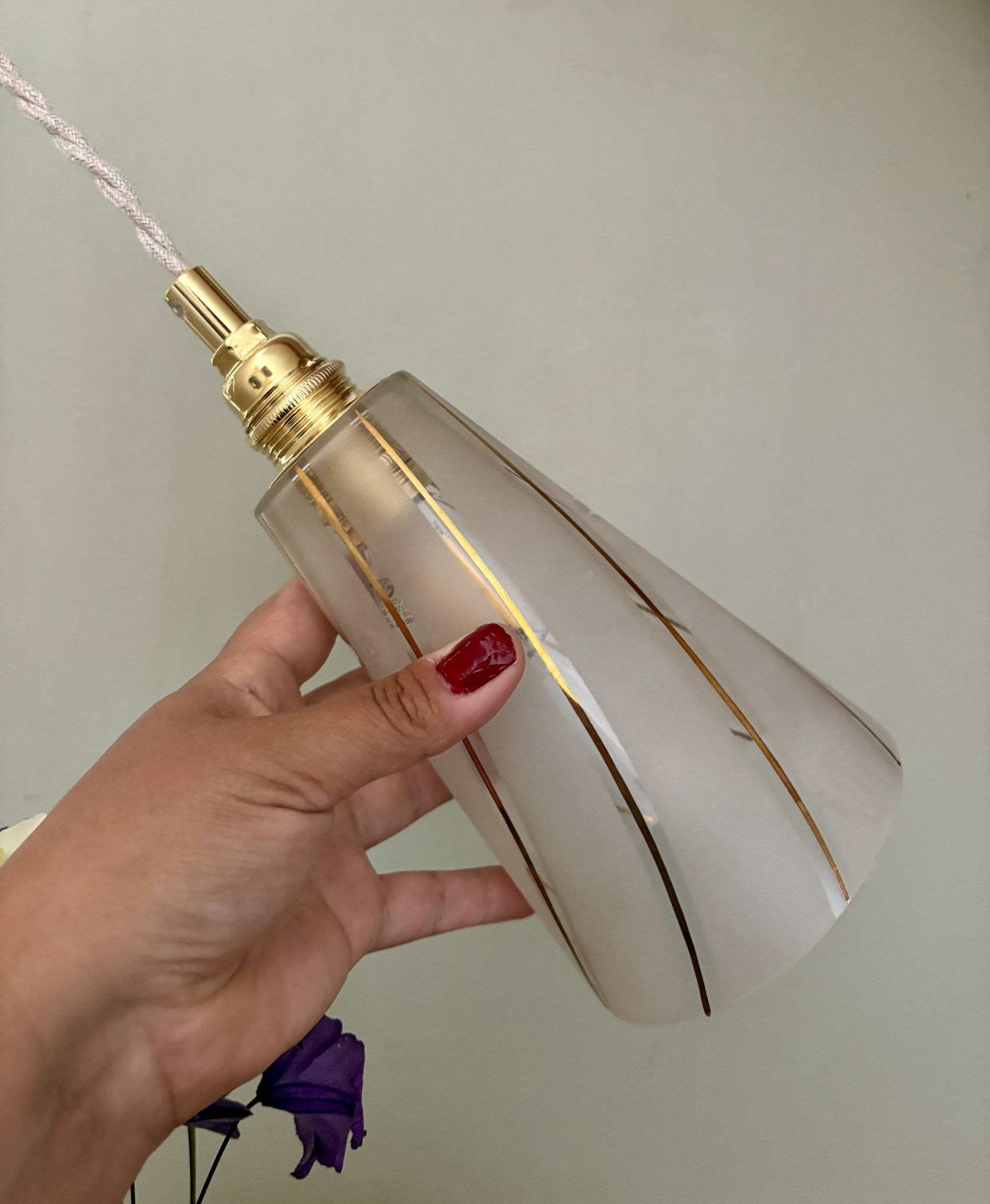 Vintage tulip pendant light in white frosted glass and gold trim