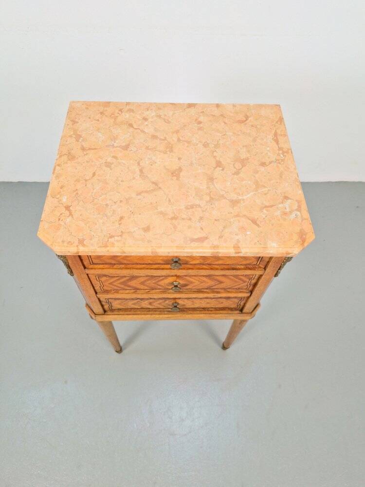 Vintage French Bedside Table with Marble Top and Brass Ornaments, 1920s
