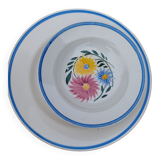 Flat lot and 6 rustic hand-painted hollow plates Digoin Sarreguemines