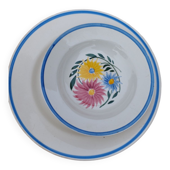 Flat lot and 6 rustic hand-painted hollow plates Digoin Sarreguemines
