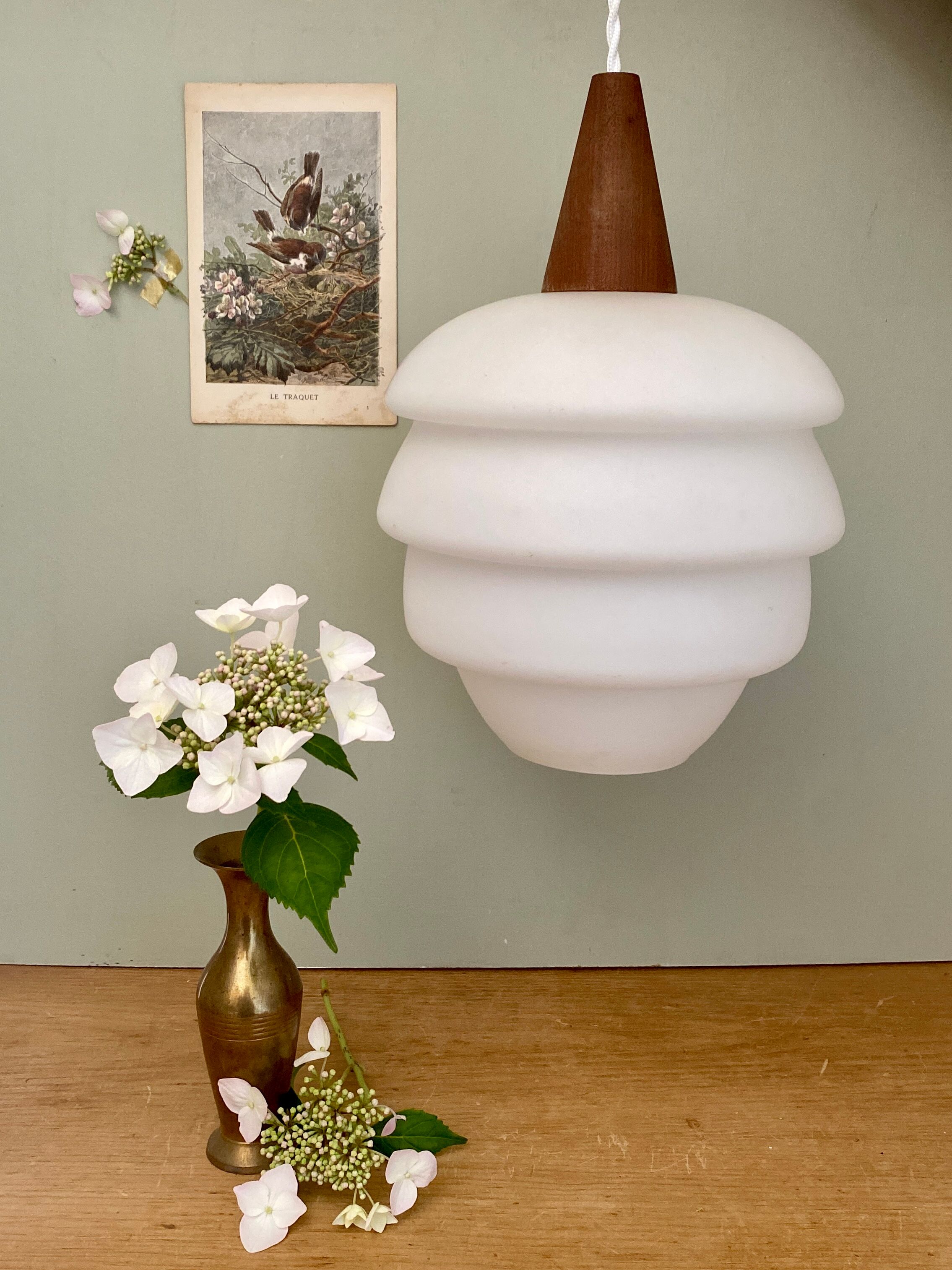 Vintage Scandinavian pendant lamp in teak and opaline