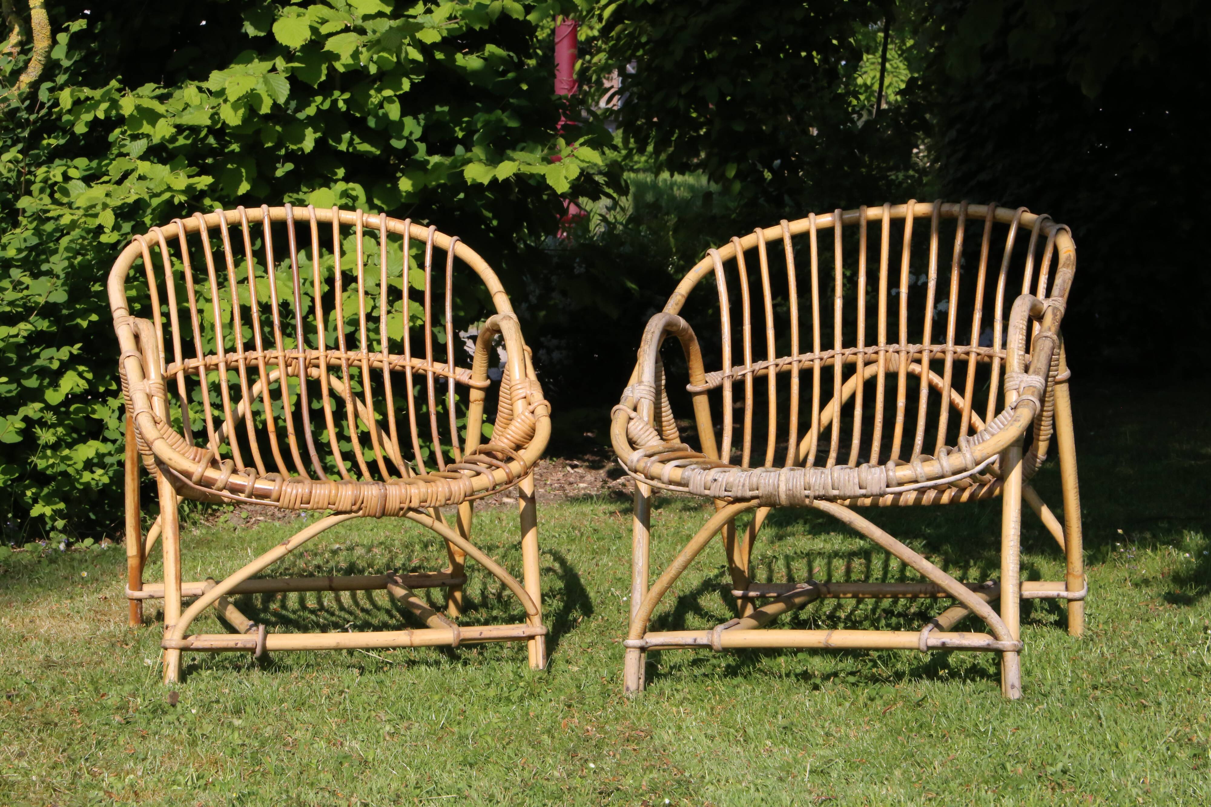 Pair of rattan basket armchairs, 60s