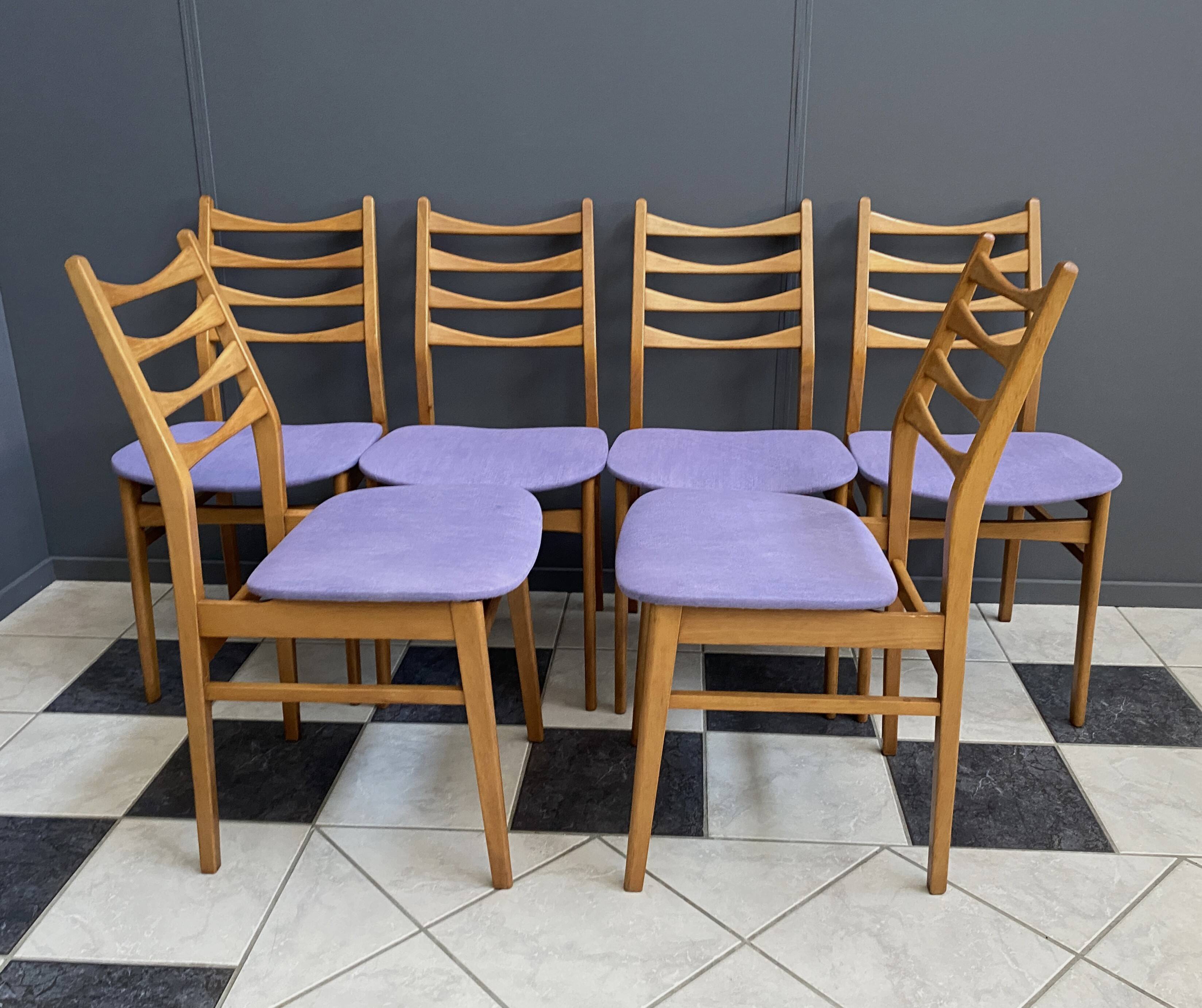 set of 6 kitchen chairs, wood and purple upholstery 1960s