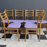 set of 6 kitchen chairs, wood and purple upholstery 1960s