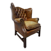 Vintage Cognac Leather Wingback Chesterfield Armchair, England 1940s