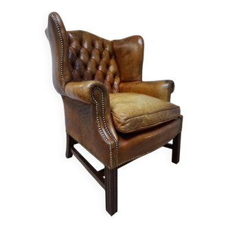 Vintage Cognac Leather Wingback Chesterfield Armchair, England 1940s