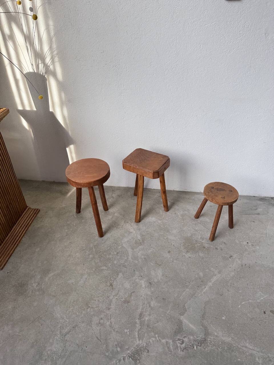 3 free-form oak tripod stools