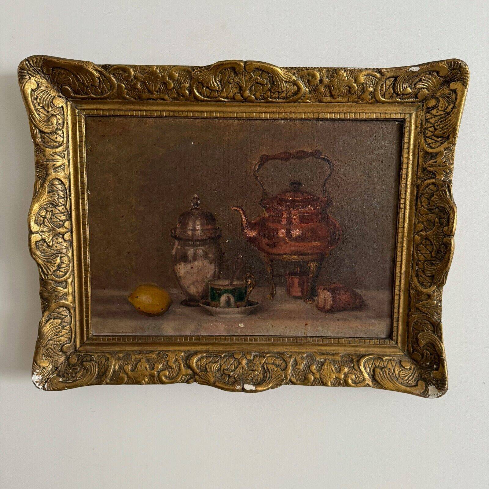 Oil on canvas still life with samovar 20th century gilded stucco frame