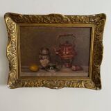 Oil on canvas still life with samovar 20th century gilded stucco frame
