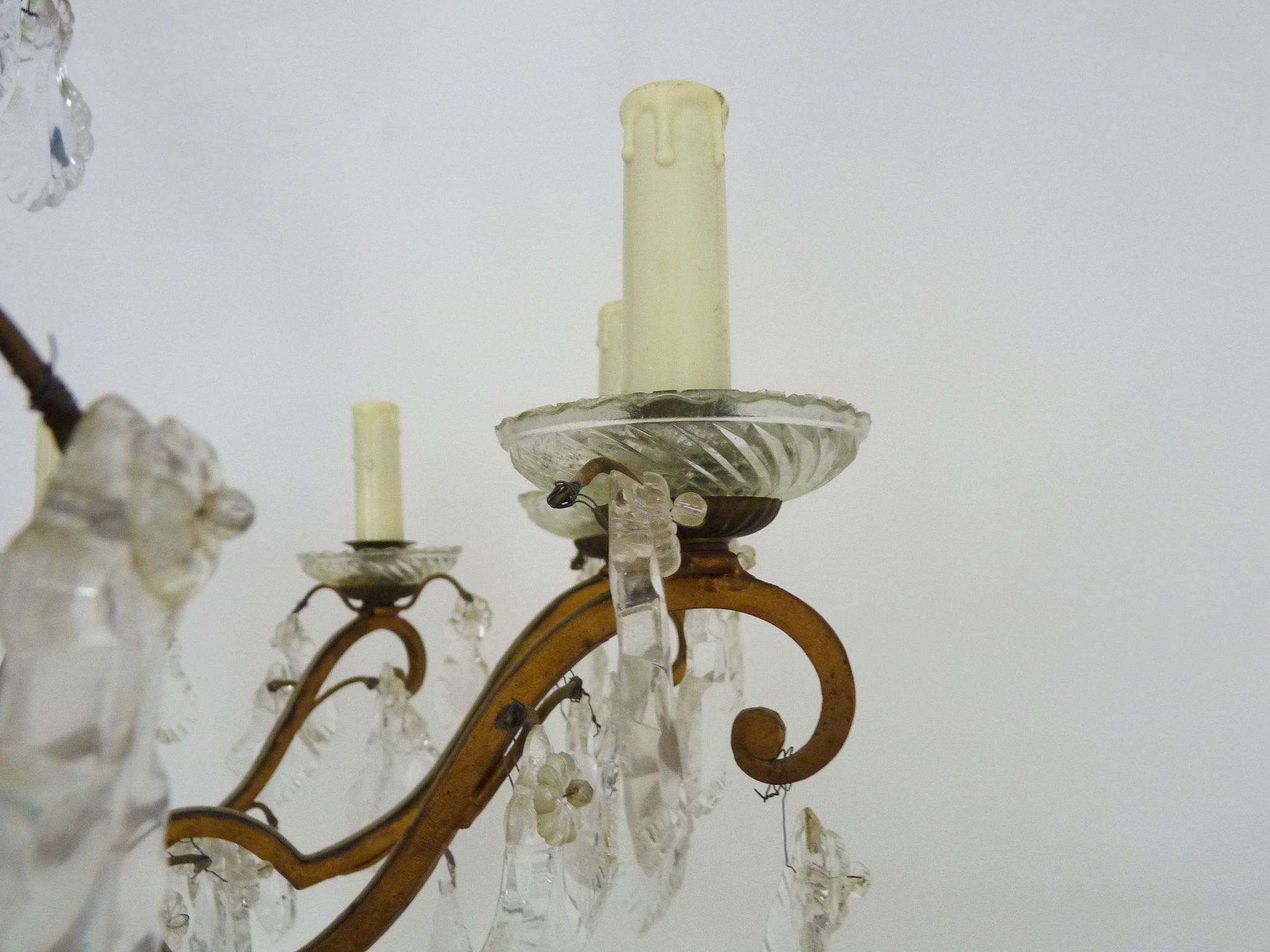 Old chandelier, suspension, old luminaire with 10 branches, brass and glass. 50s