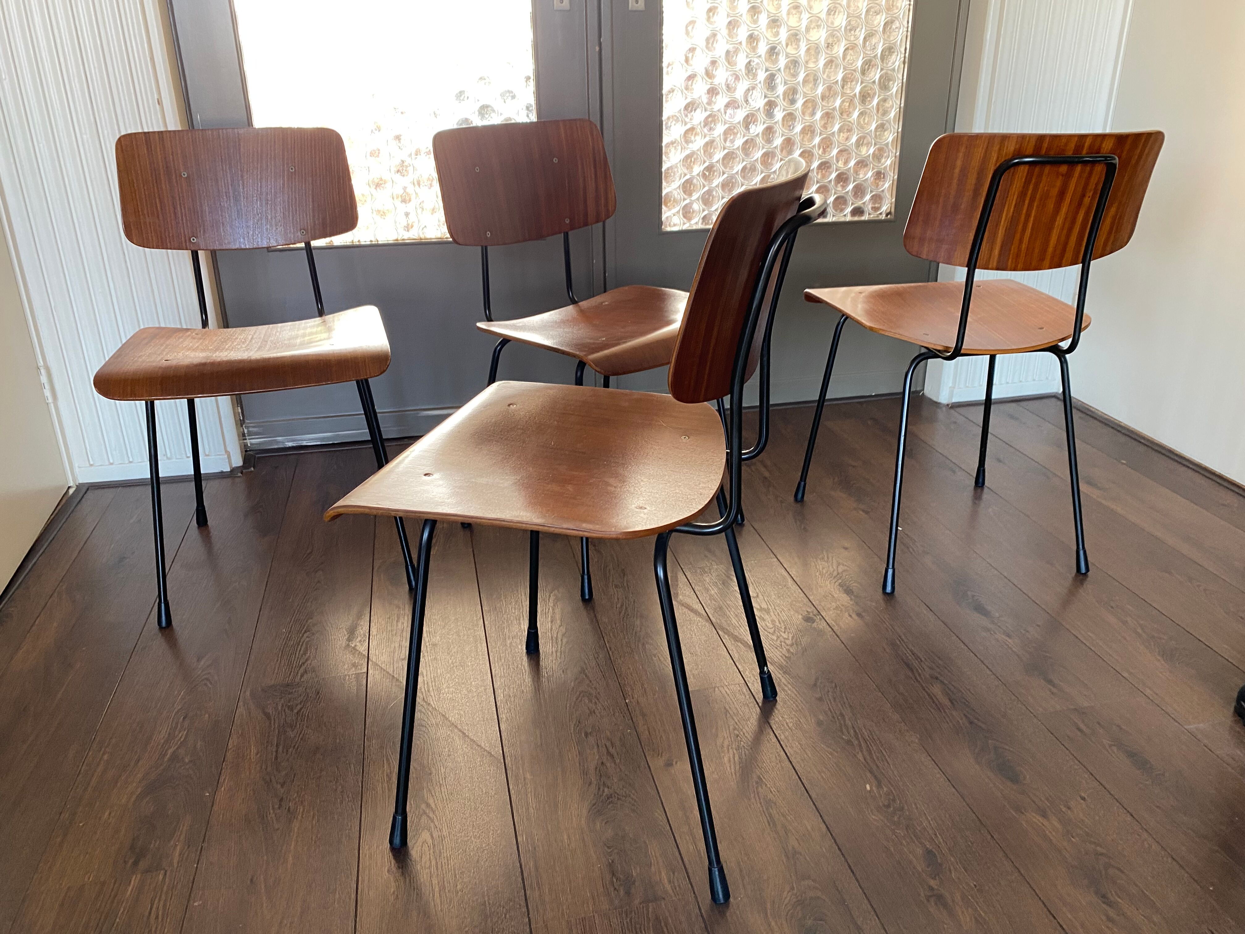 Set of 4 teak and steel dining chairs by Tjerk Reijenga for Pilastro 1950s