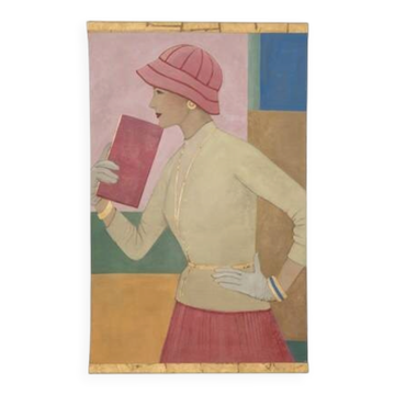 Toile peinte figurant une femme des années 1950. Travail contemporain.