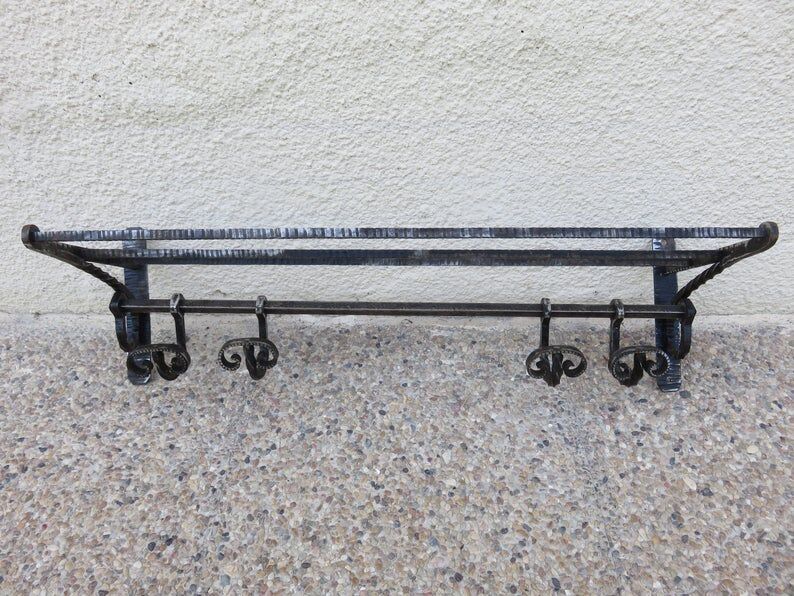 Hammered wrought iron coat rack, sliding pads, Edgard Brandt style, art deco 30s 40s