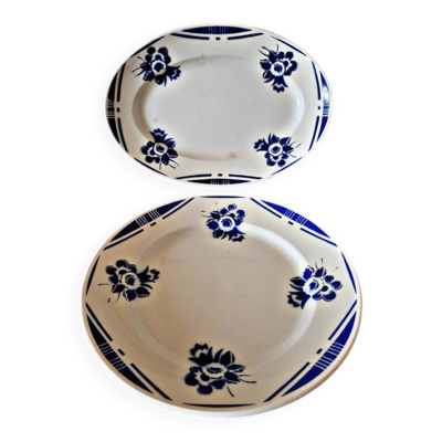 Plats Badonviller modèle Alain, plat oval et rond à fleurs bleues