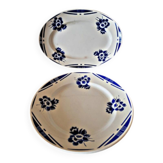 Badonviller dish model Alain, oval and round dish with blue flowers.