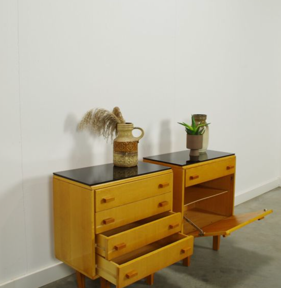 Set of vintage wooden design bedside tables