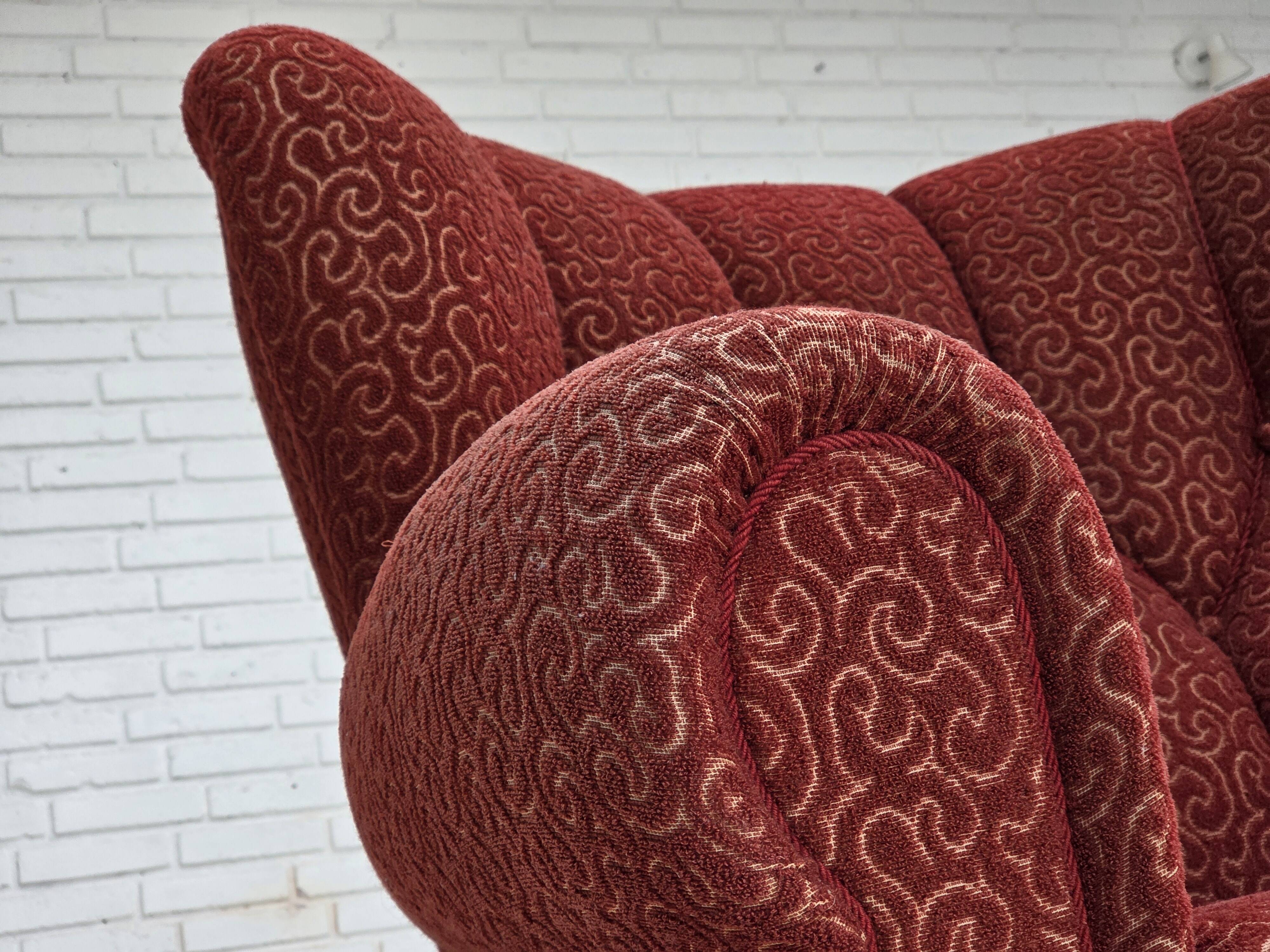 1960s, Danish relax armchair, original red furniture wool, oak wood legs.