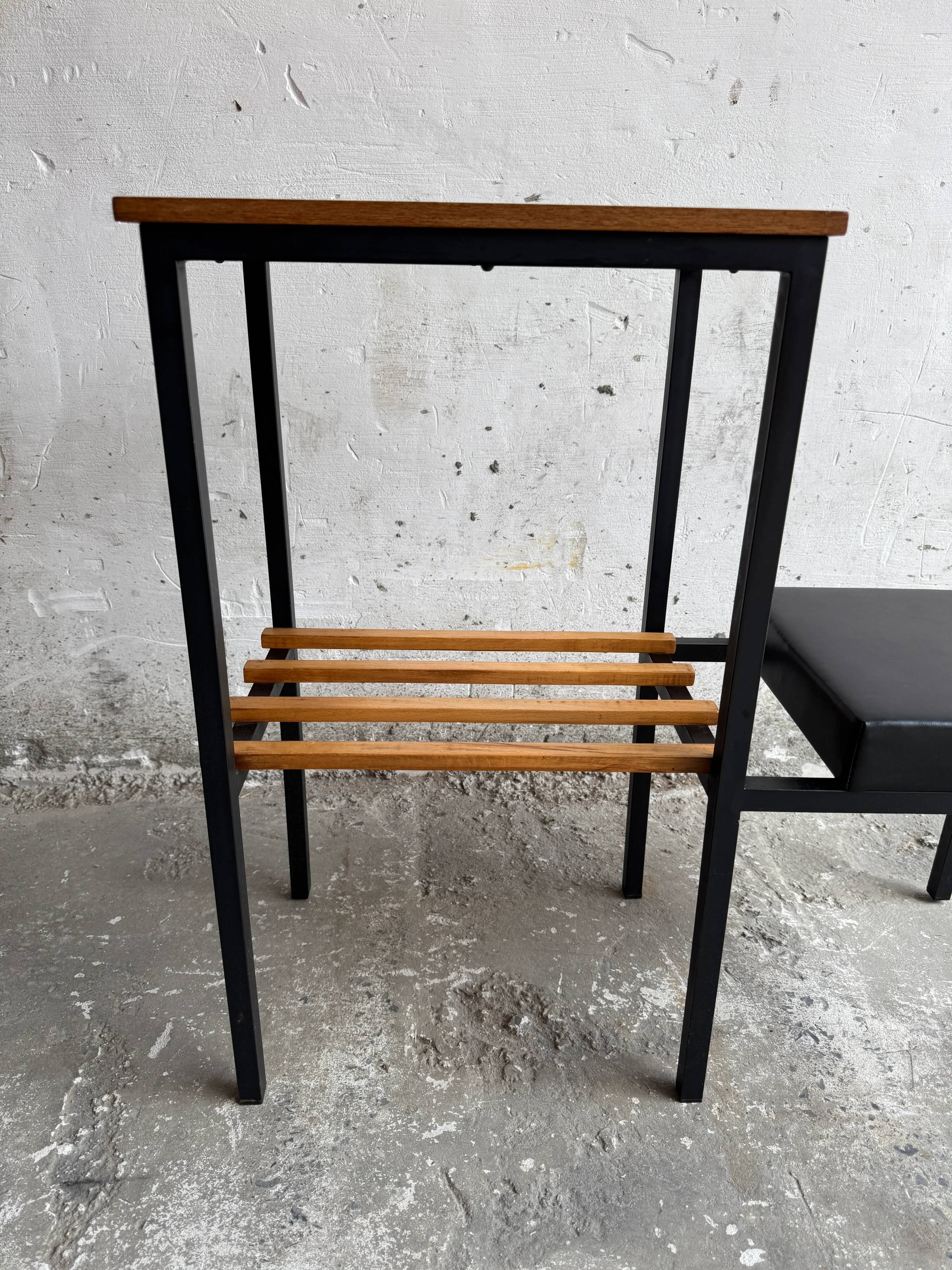Mid-Century Teak and Black Metal Side Table with Wooden Slat Magazine Rack and Vinyl Seat