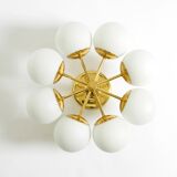 1960s Space Age brass ceiling lamp with 8 glass balls by Kaiser Leuchten