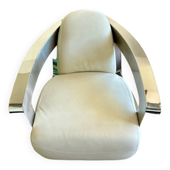 Art deco armchair in white leather and stainless steel