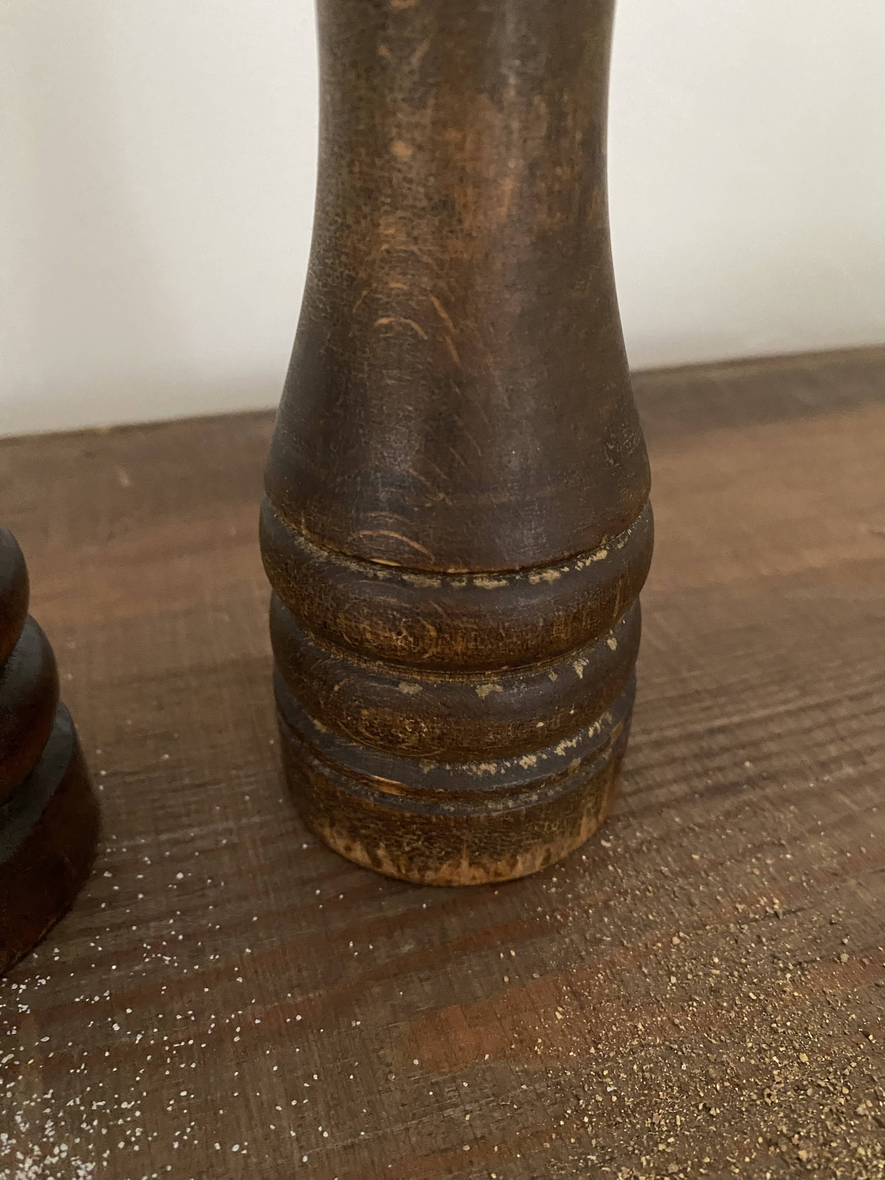Vintage turned wooden pepper and salt mill