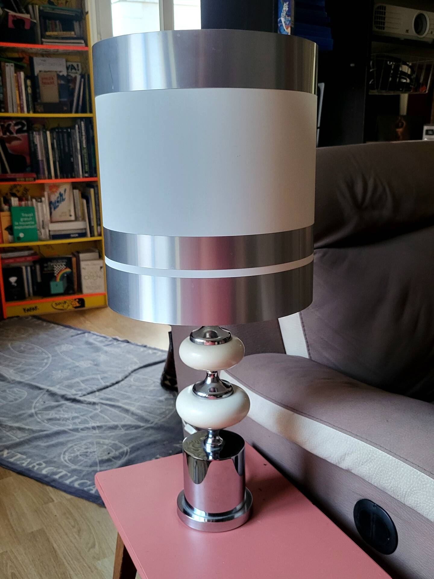 Large Vintage 1970 Space Age Chrome & Wood Lamp