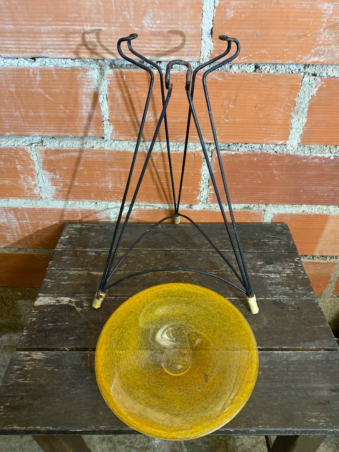 Antique Tripod Side Table Black Metal & Yellow Glass Bowl Years