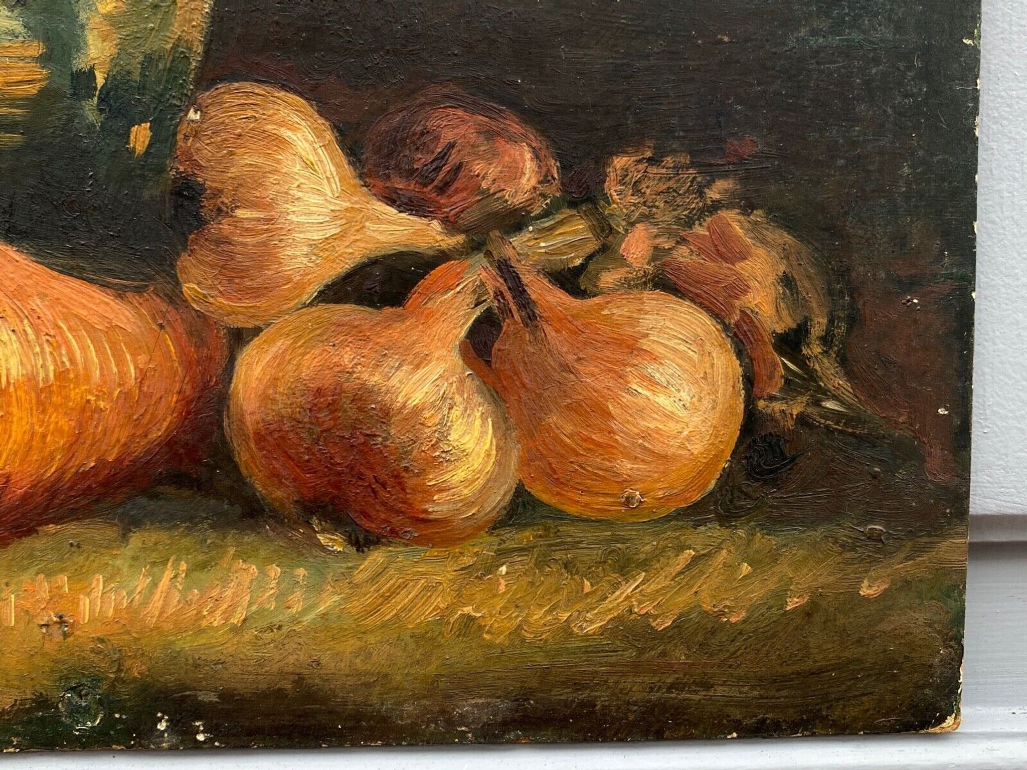 Oil on cardboard still life with pitcher and onions early twentieth century
