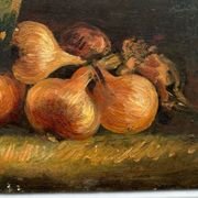 Oil on cardboard still life with pitcher and onions early twentieth century