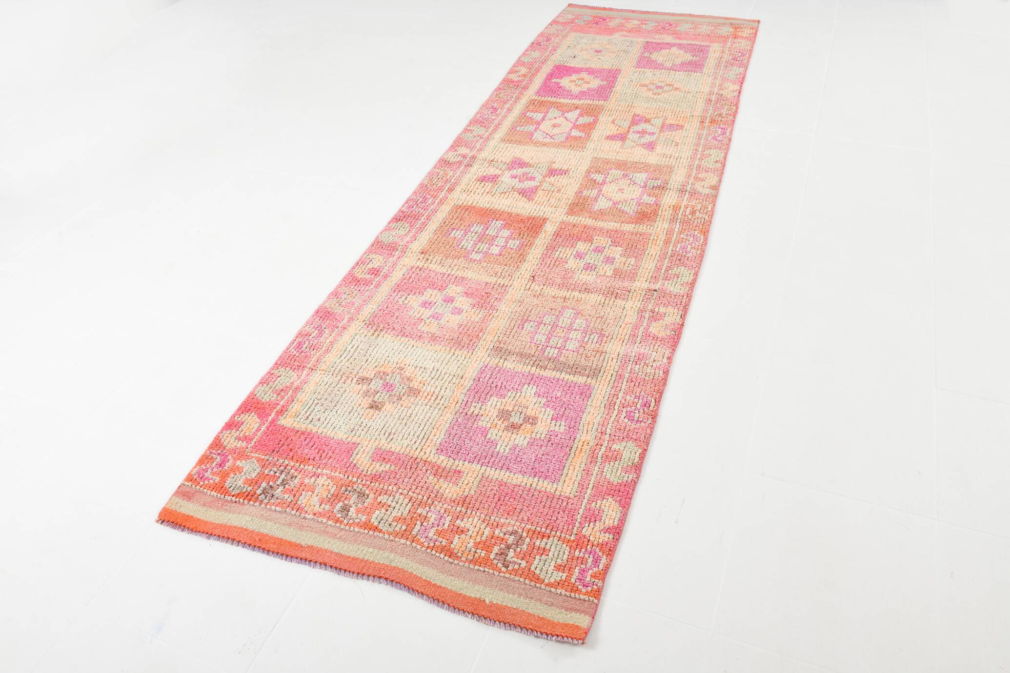 Pink & Orange Vintage Turkish Runner Rug, 103x326Cm