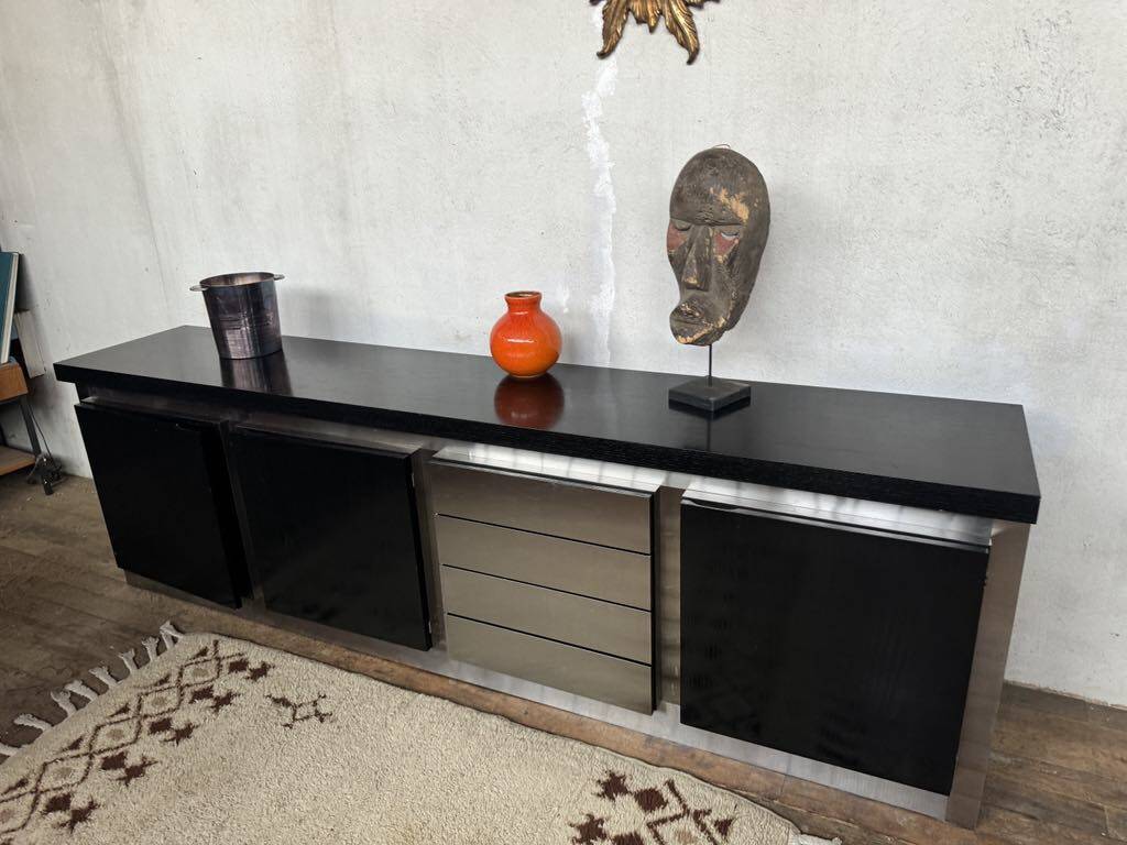 Vintage wooden and aluminum sideboard designed by the 1970s with 3 doors and 4 drawers