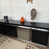 Vintage wooden and aluminum sideboard designed by the 1970s with 3 doors and 4 drawers