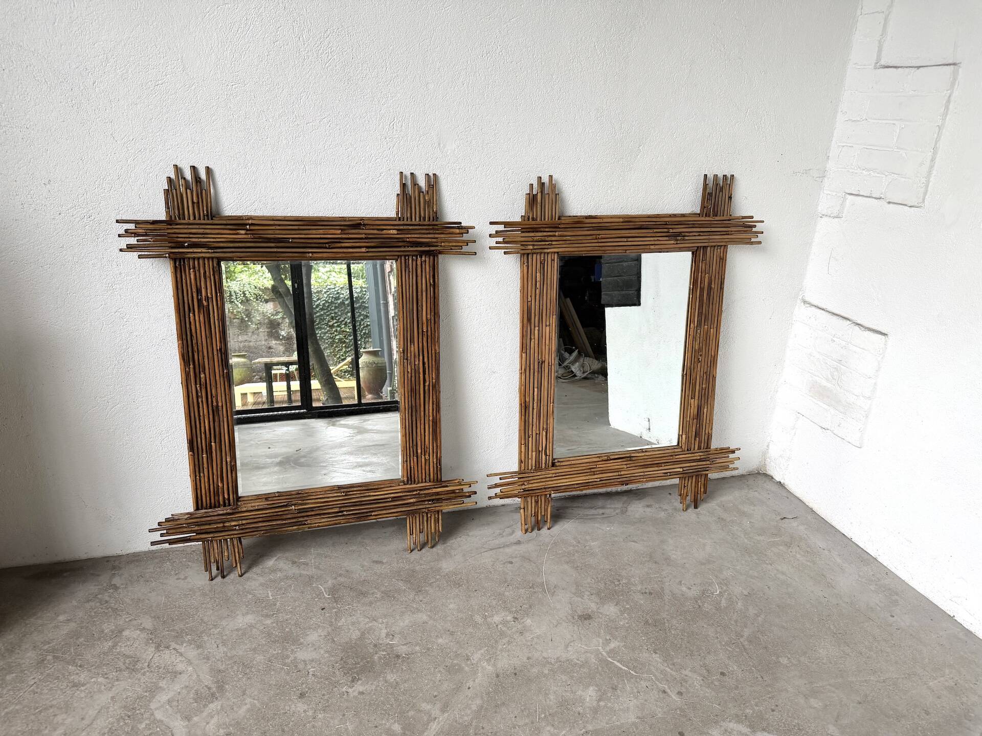 Pair of large vintage bamboo mirrors, 1970s