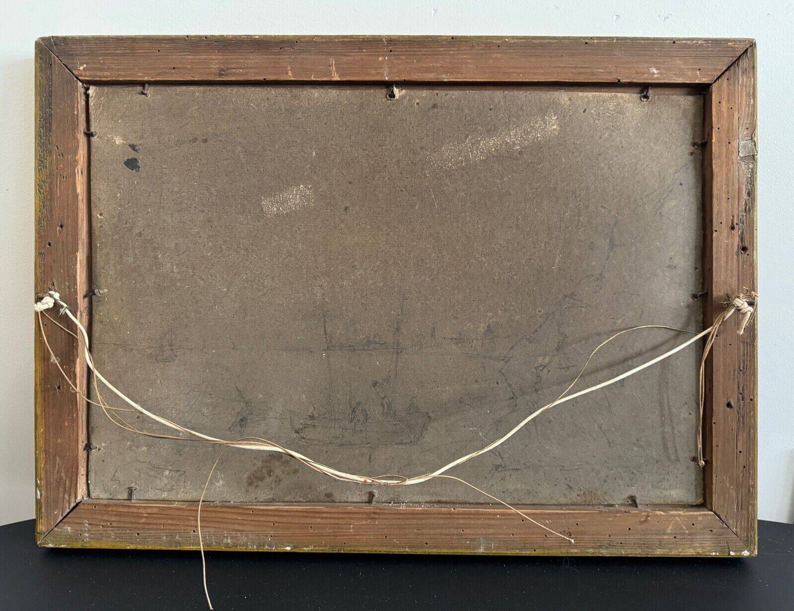 Oil on cardboard by R. Coubinier 1887 boat on a rocky coast