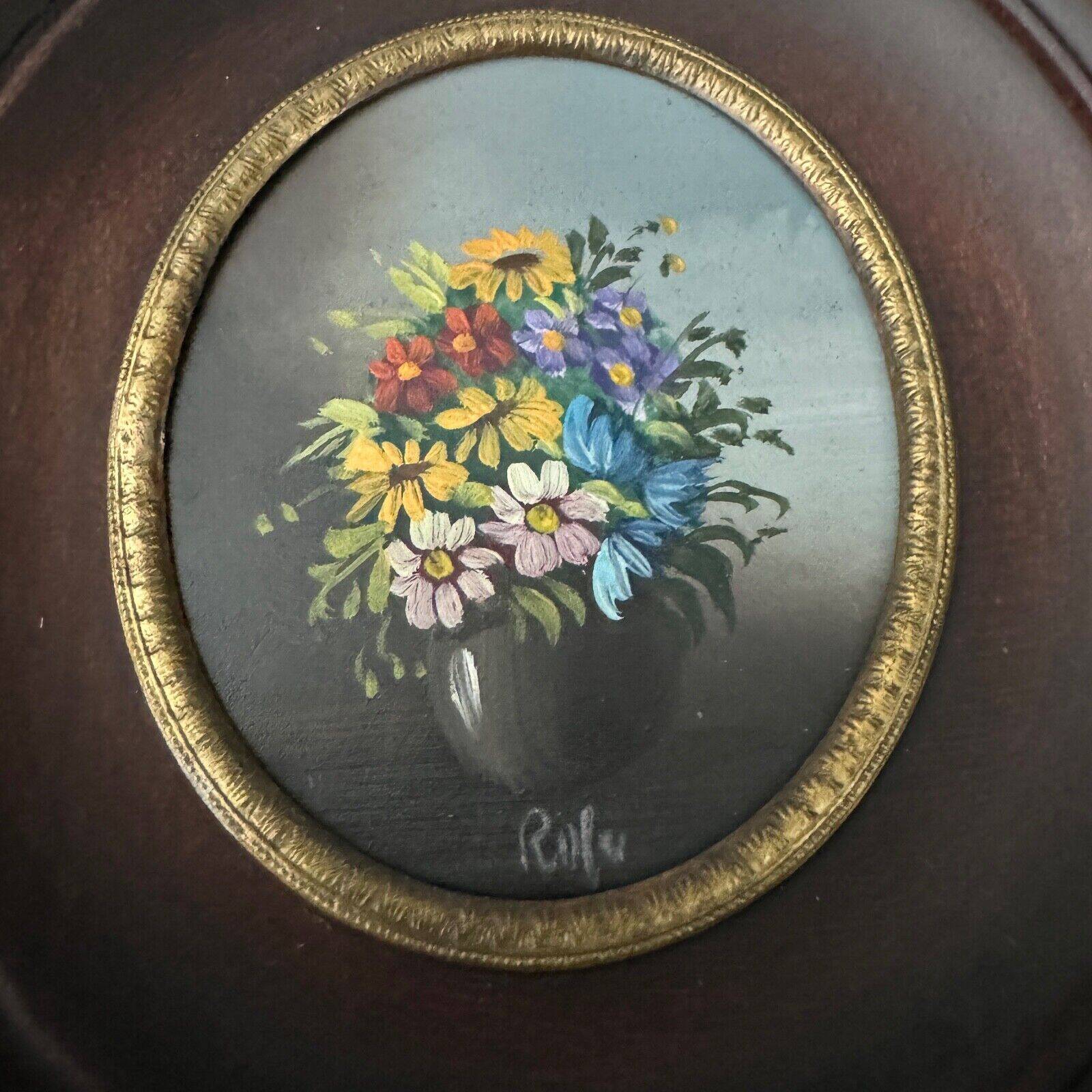 Miniature hand painted by Rolu bouquet of flowers mid 20th century wooden frame