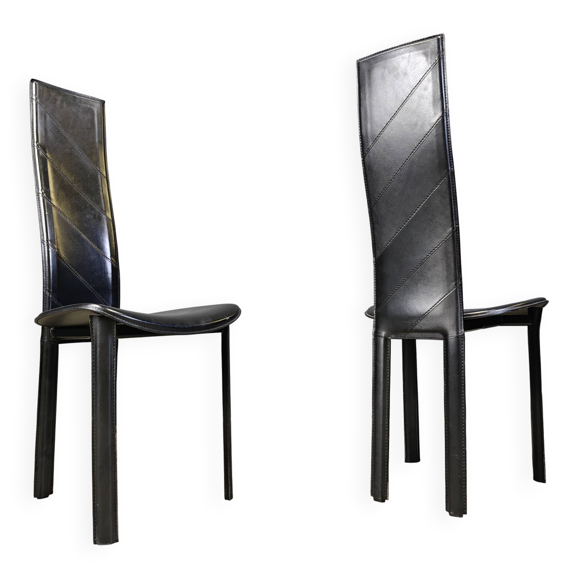 Chaises de salle à manger vintage en cuir noir à dossier haut, lot de 6, années 1980