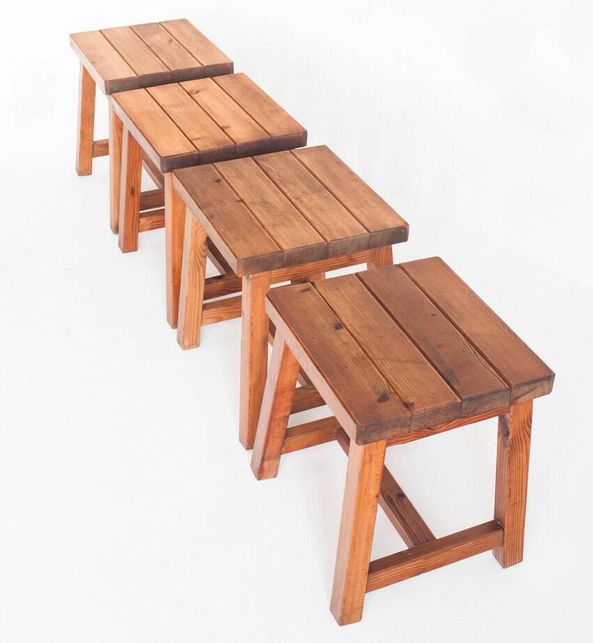 Set of 4 vintage pine stools. France, 1980s