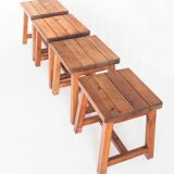Set of 4 vintage pine stools. France, 1980s