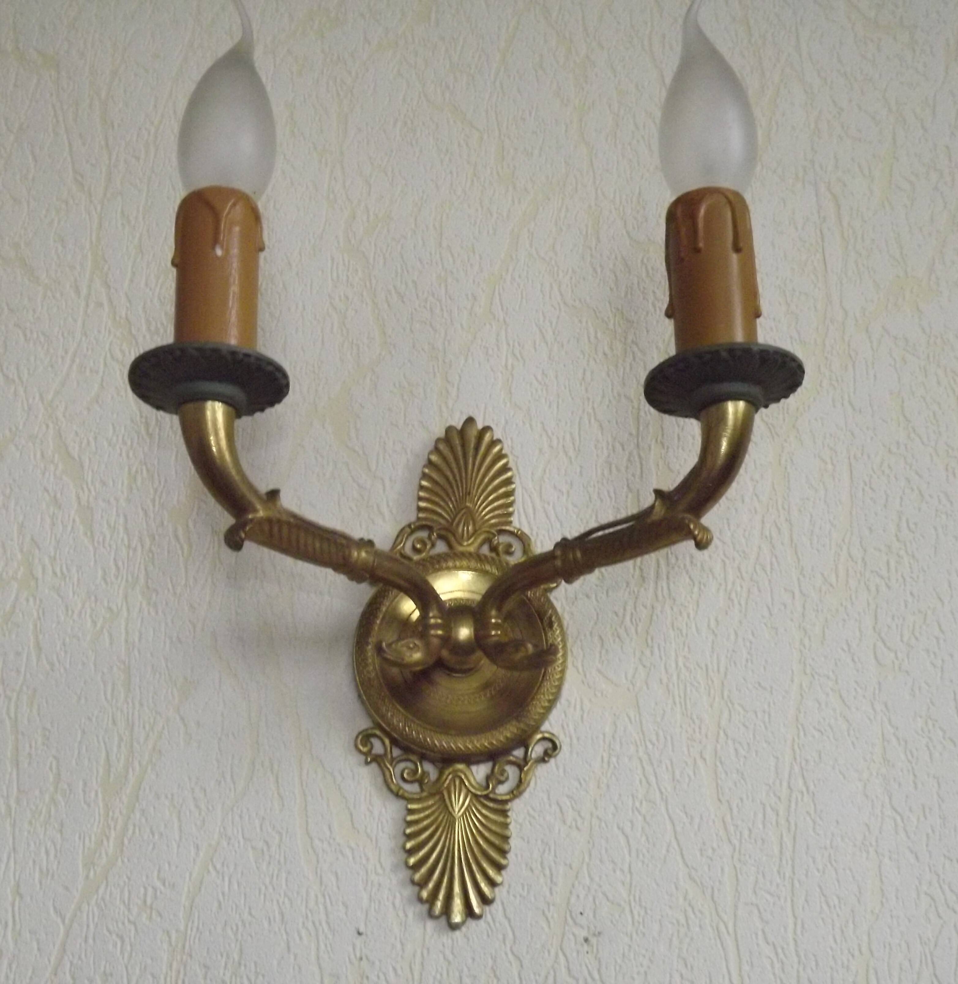 French Antique Bronze Empire Double Wall Sconce with Fan & Swan Detail 5239