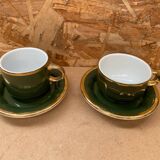 Pair of antique pillivuyt green & gold porcelain vintage cups