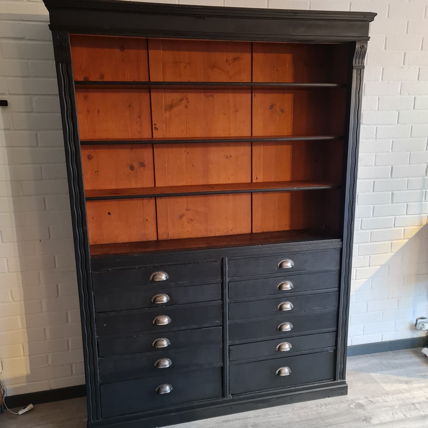 Industrial furniture loom shelf with drawers black patina