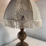 Turned wood lamp and macramé lampshade