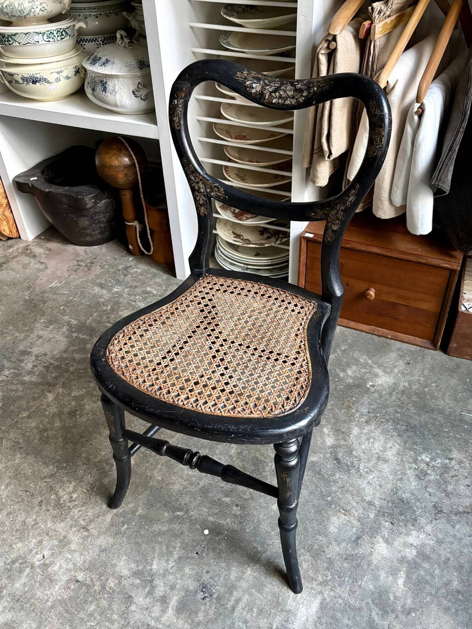 Napoleon III chair in black wood, mother-of-pearl and caning no. 1